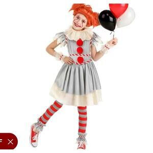 Halloweencostumes Girls Sz M 4+ Pennywise Creepy Clown Costume Carnival Grey Red